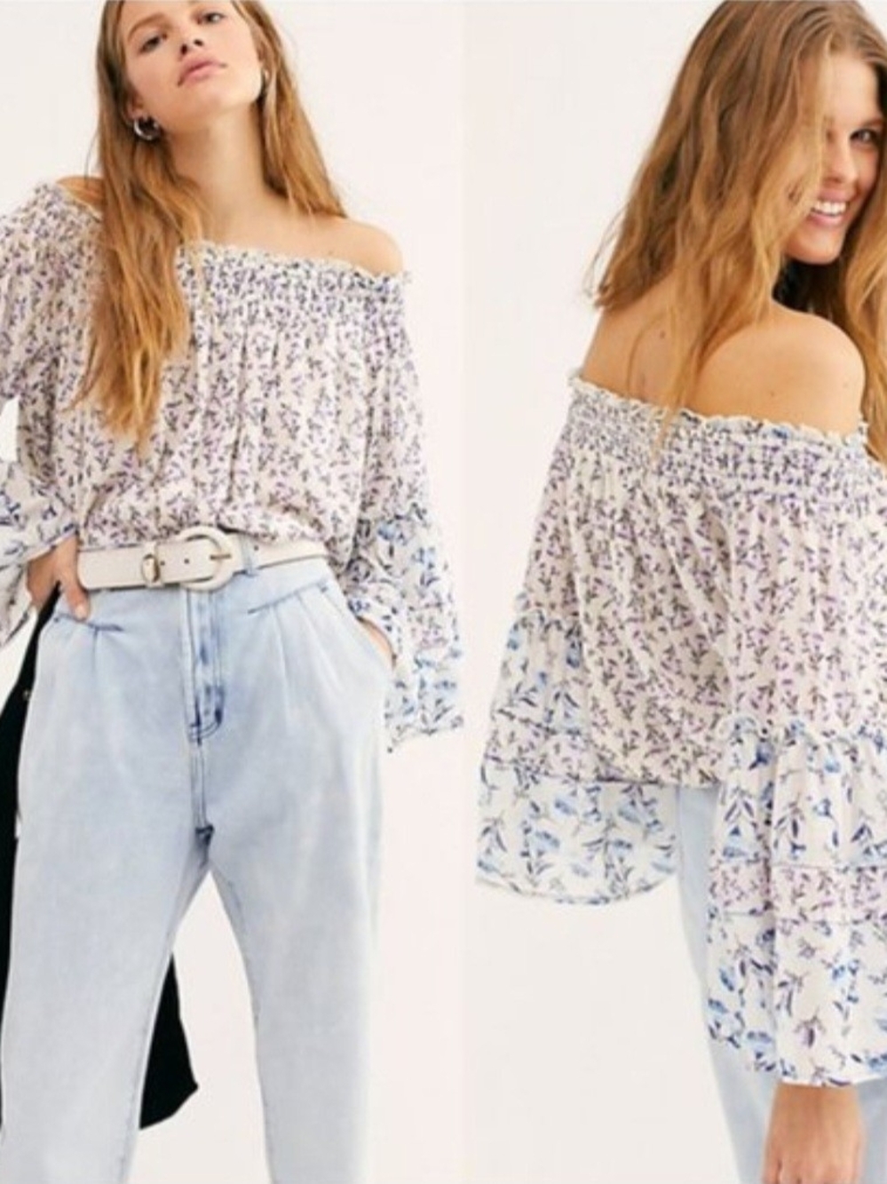 Free People White Off-Shoulder Floral Peasant Blouse